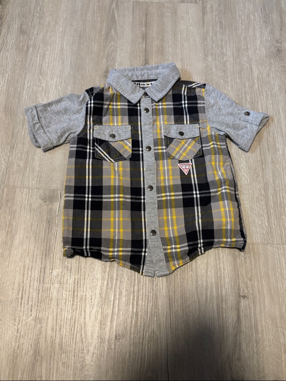 Guess Boys Gray Black Yellow Plaid Short Sleeve Button Down Shirt